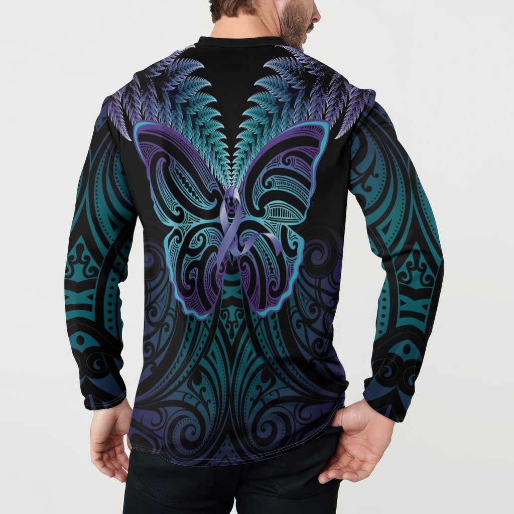 Suicide Prevention New Zealand Button Sweatshirt Aotearoa Maori Butterfly Mix Silver Fern - Polynesian Pride