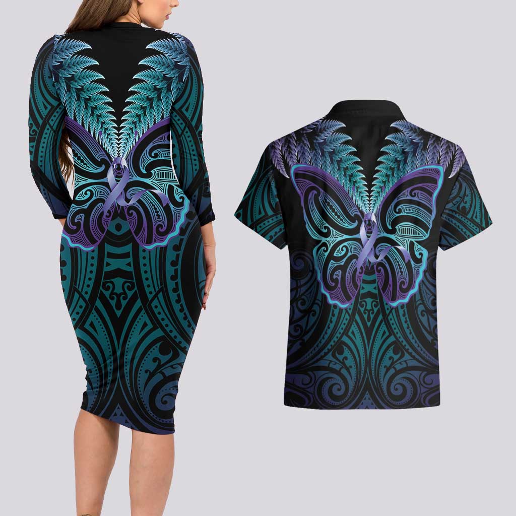 Suicide Prevention New Zealand Couples Matching Long Sleeve Bodycon Dress and Hawaiian Shirt Aotearoa Maori Butterfly Mix Silver Fern LT14 - Polynesian Pride