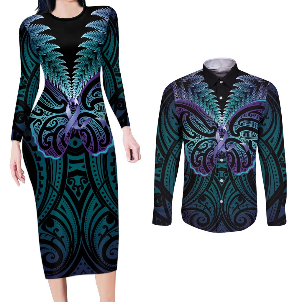 Suicide Prevention New Zealand Couples Matching Long Sleeve Bodycon Dress and Long Sleeve Button Shirt Aotearoa Maori Butterfly Mix Silver Fern LT14 Black - Polynesian Pride