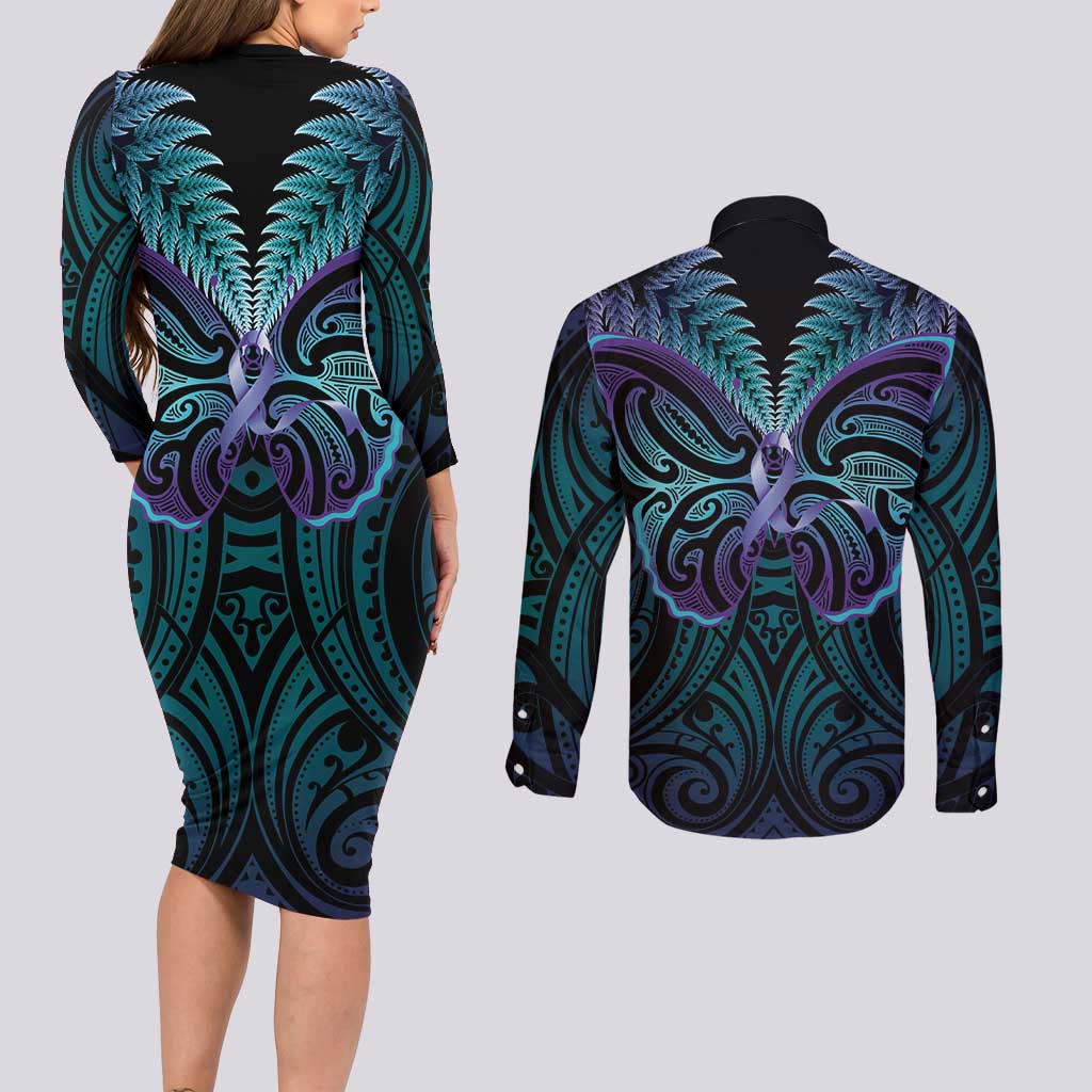 Suicide Prevention New Zealand Couples Matching Long Sleeve Bodycon Dress and Long Sleeve Button Shirt Aotearoa Maori Butterfly Mix Silver Fern LT14 - Polynesian Pride