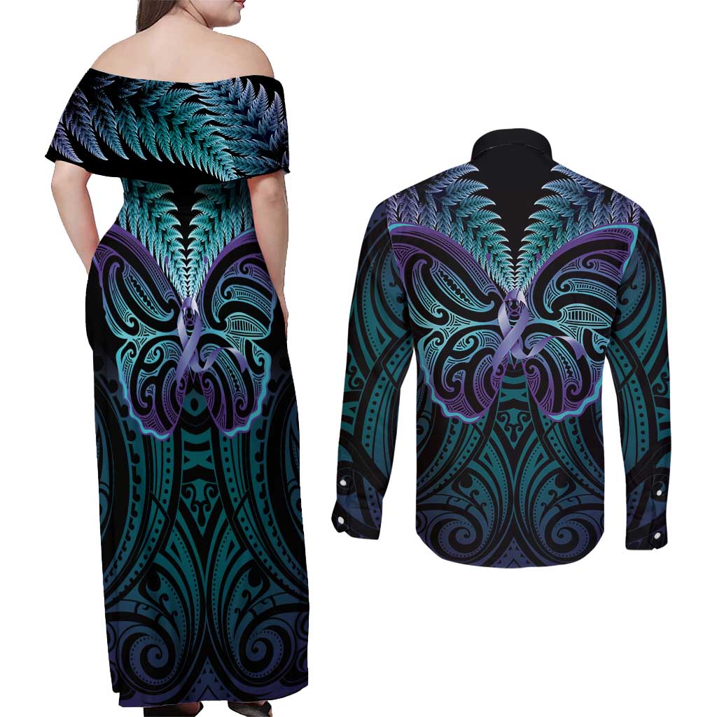 Suicide Prevention New Zealand Couples Matching Off Shoulder Maxi Dress and Long Sleeve Button Shirt Aotearoa Maori Butterfly Mix Silver Fern LT14 - Polynesian Pride