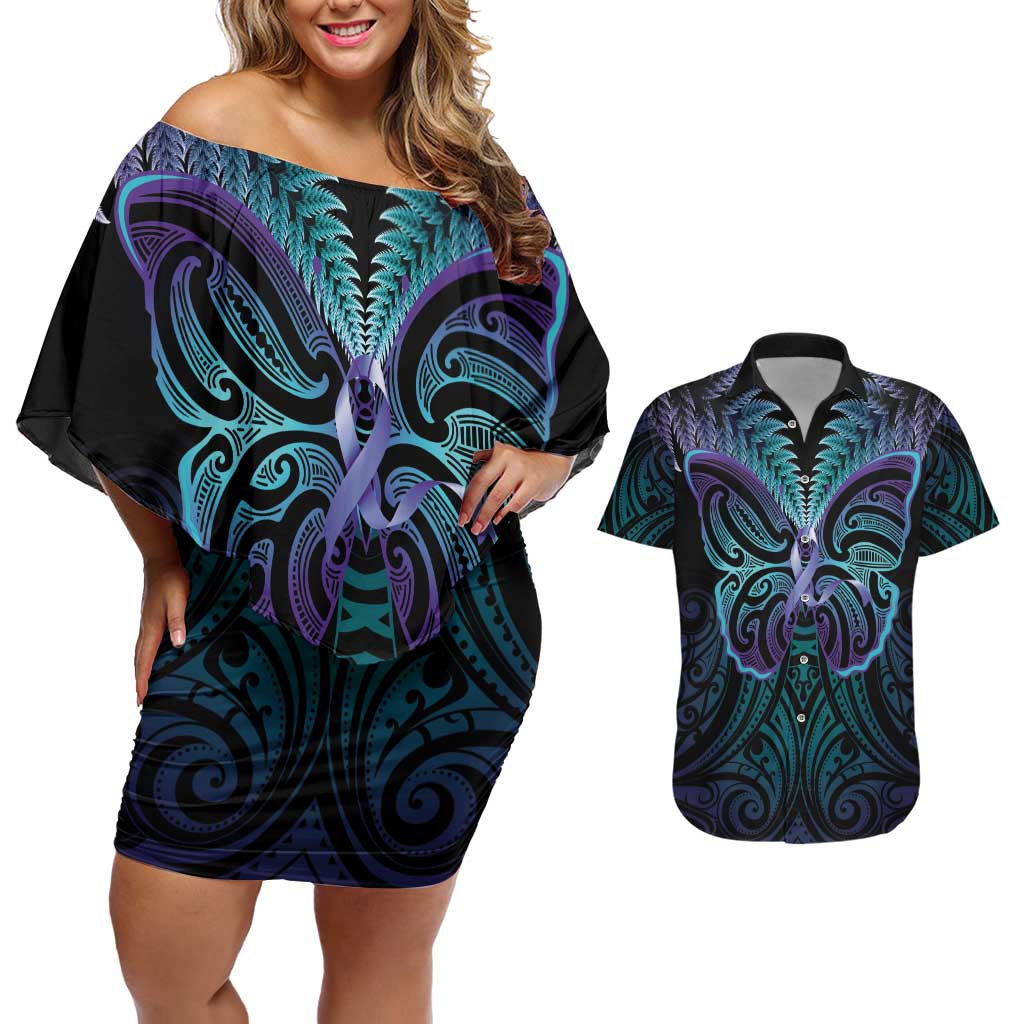 Suicide Prevention New Zealand Couples Matching Off Shoulder Short Dress and Hawaiian Shirt Aotearoa Maori Butterfly Mix Silver Fern LT14 Black - Polynesian Pride