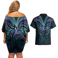 Suicide Prevention New Zealand Couples Matching Off Shoulder Short Dress and Hawaiian Shirt Aotearoa Maori Butterfly Mix Silver Fern LT14 - Polynesian Pride