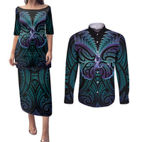 Suicide Prevention New Zealand Couples Matching Puletasi and Long Sleeve Button Shirt Aotearoa Maori Butterfly Mix Silver Fern - Polynesian Pride
