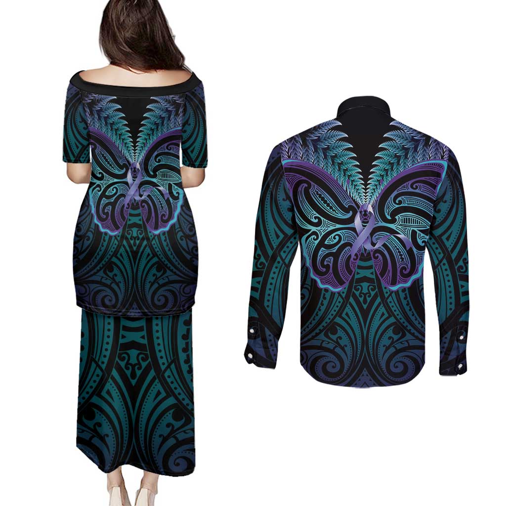 Suicide Prevention New Zealand Couples Matching Puletasi and Long Sleeve Button Shirt Aotearoa Maori Butterfly Mix Silver Fern - Polynesian Pride