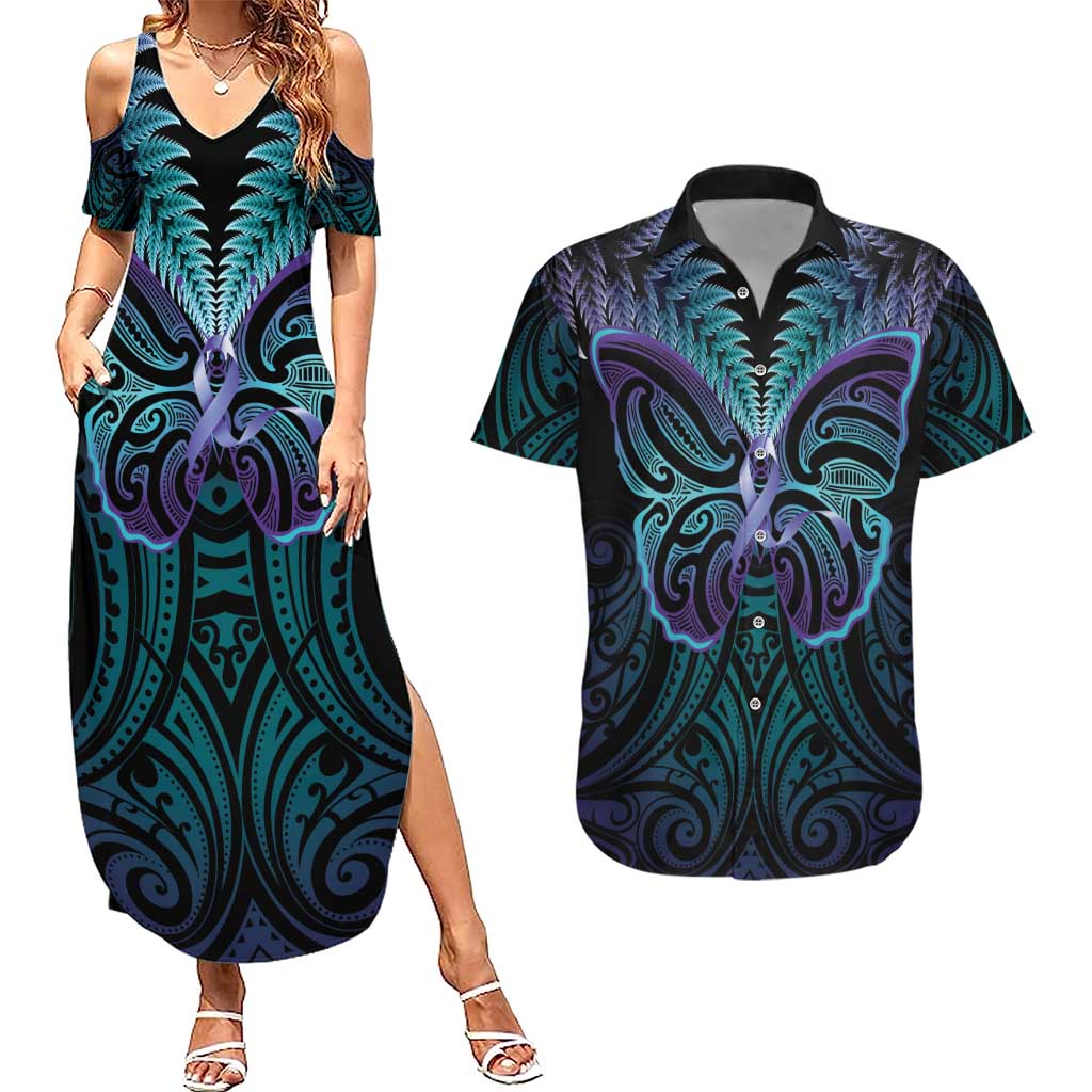 Suicide Prevention New Zealand Couples Matching Summer Maxi Dress and Hawaiian Shirt Aotearoa Maori Butterfly Mix Silver Fern - Polynesian Pride