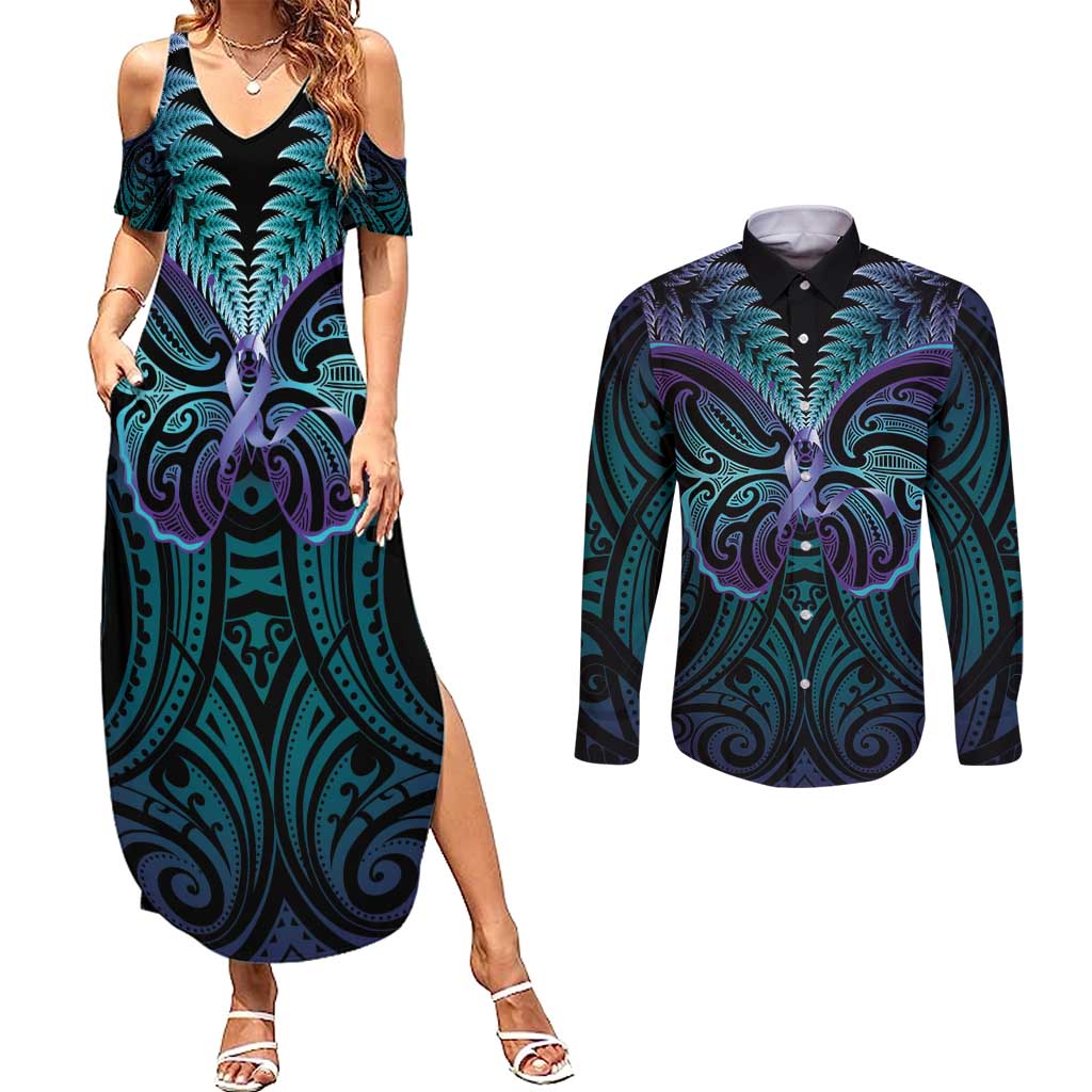 Suicide Prevention New Zealand Couples Matching Summer Maxi Dress and Long Sleeve Button Shirt Aotearoa Maori Butterfly Mix Silver Fern - Polynesian Pride
