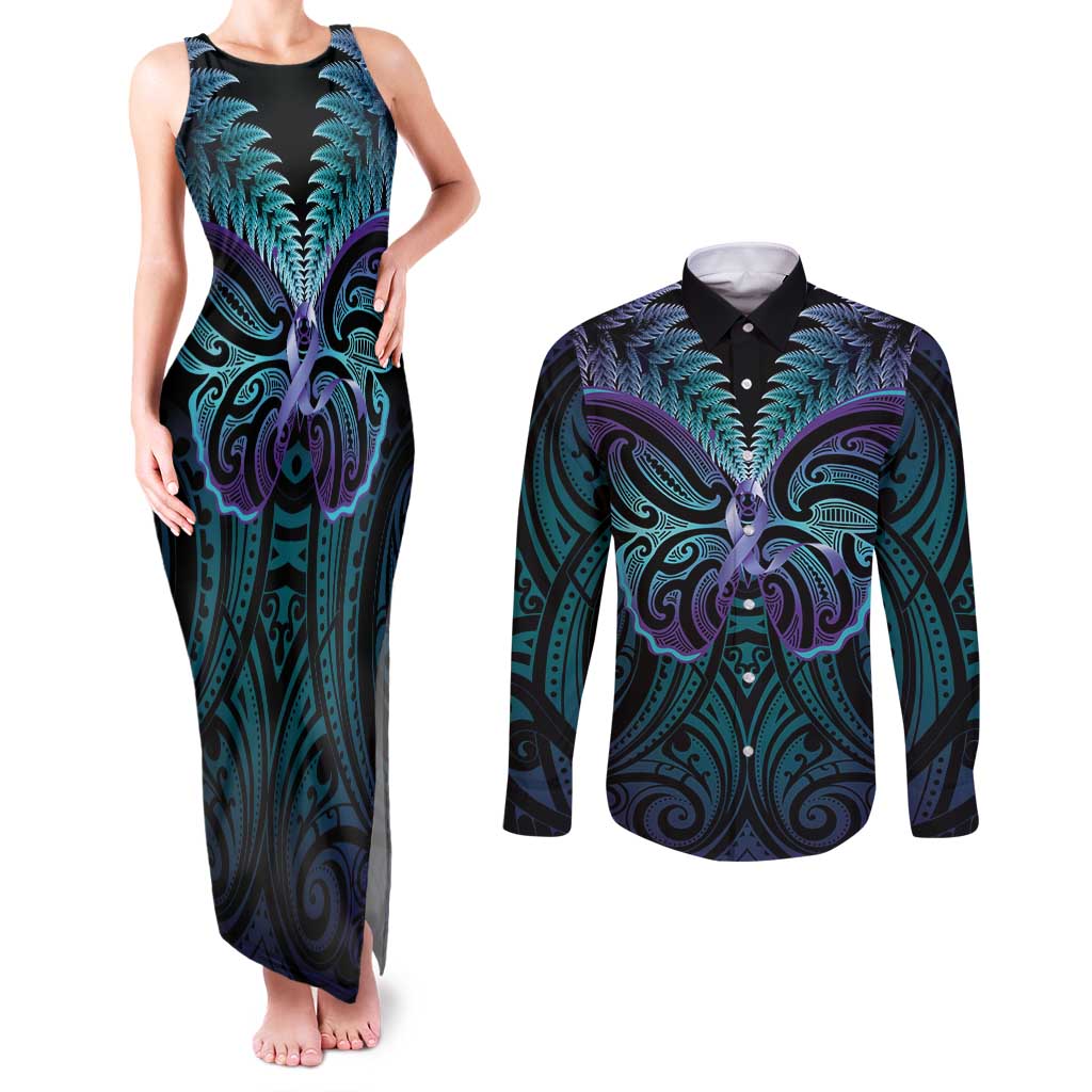 Suicide Prevention New Zealand Couples Matching Tank Maxi Dress and Long Sleeve Button Shirt Aotearoa Maori Butterfly Mix Silver Fern LT14 Black - Polynesian Pride