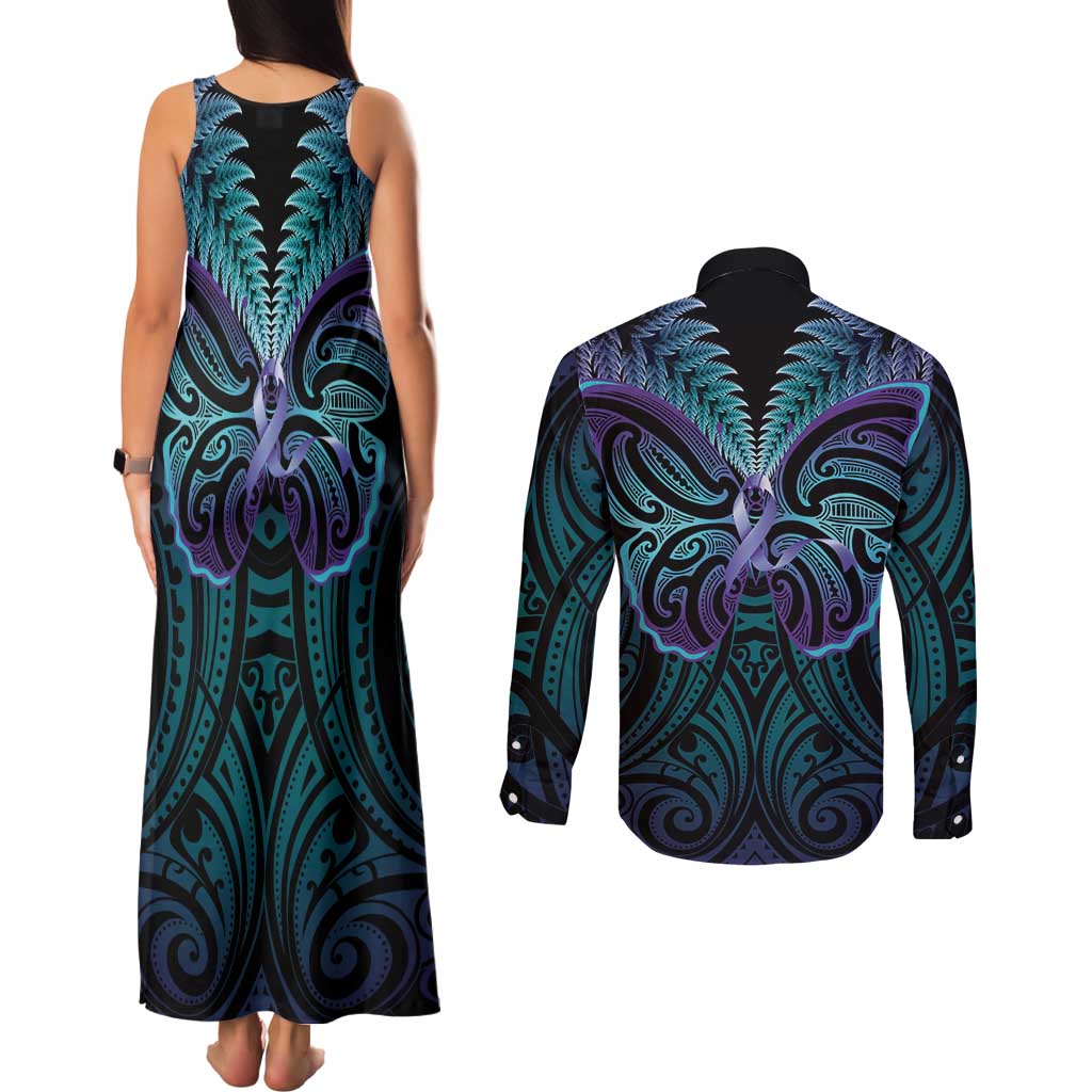 Suicide Prevention New Zealand Couples Matching Tank Maxi Dress and Long Sleeve Button Shirt Aotearoa Maori Butterfly Mix Silver Fern LT14 - Polynesian Pride