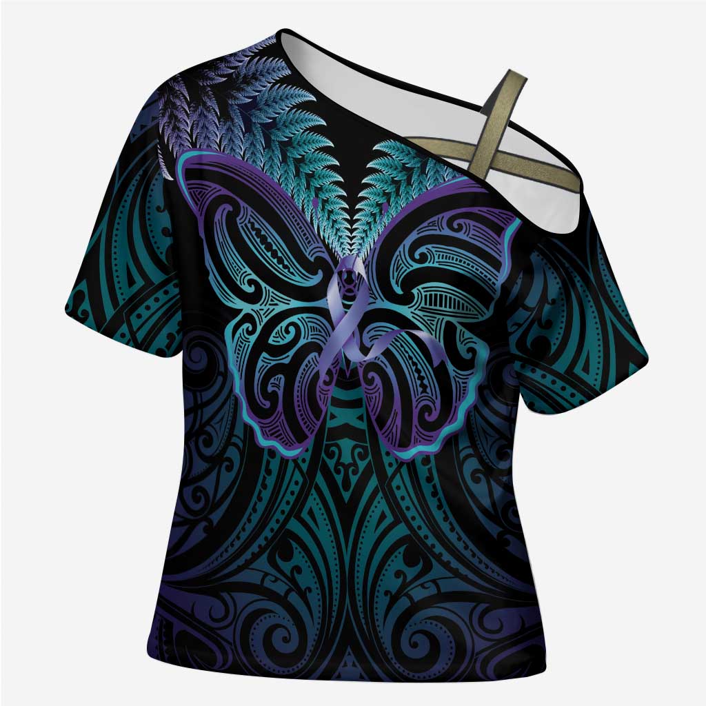 Suicide Prevention New Zealand Cross Shoulder Shirt Aotearoa Maori Butterfly Mix Silver Fern - Polynesian Pride
