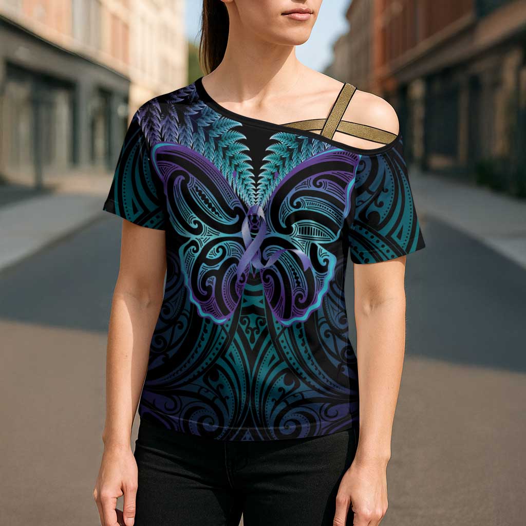 Suicide Prevention New Zealand Cross Shoulder Shirt Aotearoa Maori Butterfly Mix Silver Fern - Polynesian Pride