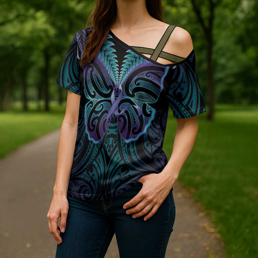 Suicide Prevention New Zealand Cross Shoulder Shirt Aotearoa Maori Butterfly Mix Silver Fern - Polynesian Pride