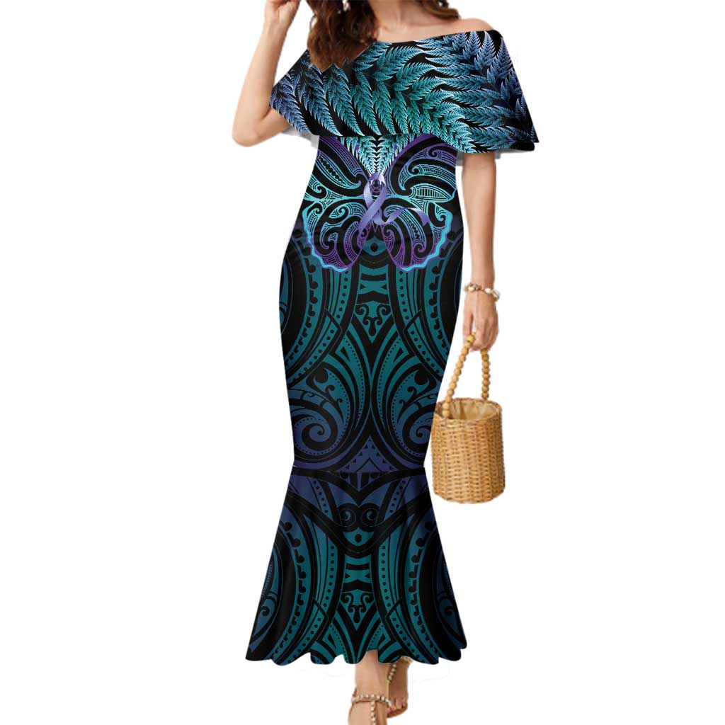 Suicide Prevention New Zealand Family Matching Mermaid Dress and Hawaiian Shirt Aotearoa Maori Butterfly Mix Silver Fern LT14 Mom's Dress Black - Polynesian Pride