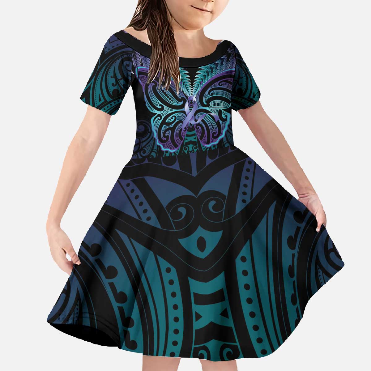 Suicide Prevention New Zealand Family Matching Off The Shoulder Long Sleeve Dress and Hawaiian Shirt Aotearoa Maori Butterfly Mix Silver Fern LT14 Daughter's Dress Black - Polynesian Pride