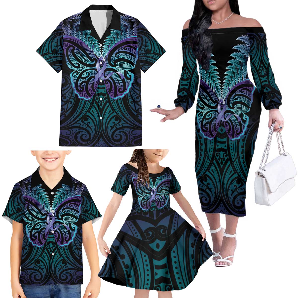 Suicide Prevention New Zealand Family Matching Off The Shoulder Long Sleeve Dress and Hawaiian Shirt Aotearoa Maori Butterfly Mix Silver Fern LT14 - Polynesian Pride