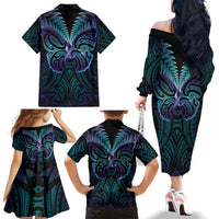 Suicide Prevention New Zealand Family Matching Off The Shoulder Long Sleeve Dress and Hawaiian Shirt Aotearoa Maori Butterfly Mix Silver Fern LT14 - Polynesian Pride