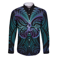 Suicide Prevention New Zealand Family Matching Off The Shoulder Long Sleeve Dress and Hawaiian Shirt Aotearoa Maori Butterfly Mix Silver Fern LT14 Dad's Shirt - Long Sleeve Black - Polynesian Pride