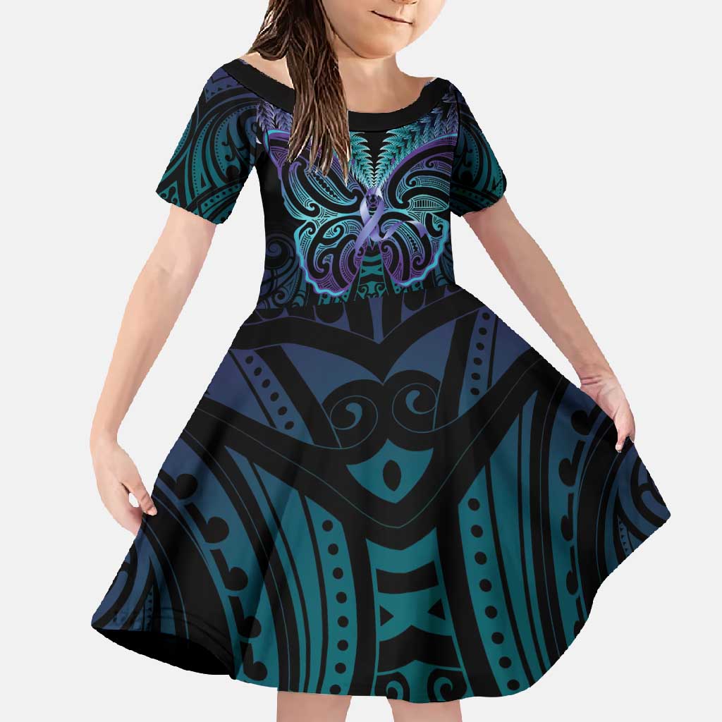 Suicide Prevention New Zealand Family Matching Off Shoulder Maxi Dress and Hawaiian Shirt Aotearoa Maori Butterfly Mix Silver Fern LT14 Daughter's Dress Black - Polynesian Pride