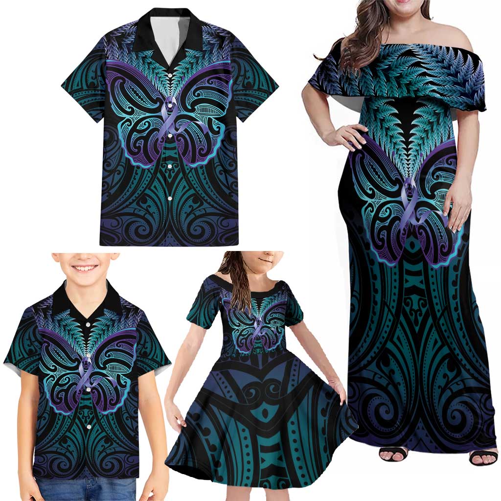 Suicide Prevention New Zealand Family Matching Off Shoulder Maxi Dress and Hawaiian Shirt Aotearoa Maori Butterfly Mix Silver Fern LT14 - Polynesian Pride