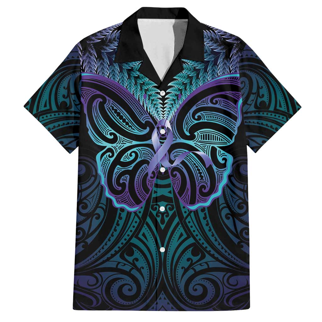 Suicide Prevention New Zealand Family Matching Off Shoulder Maxi Dress and Hawaiian Shirt Aotearoa Maori Butterfly Mix Silver Fern LT14 Dad's Shirt - Short Sleeve Black - Polynesian Pride