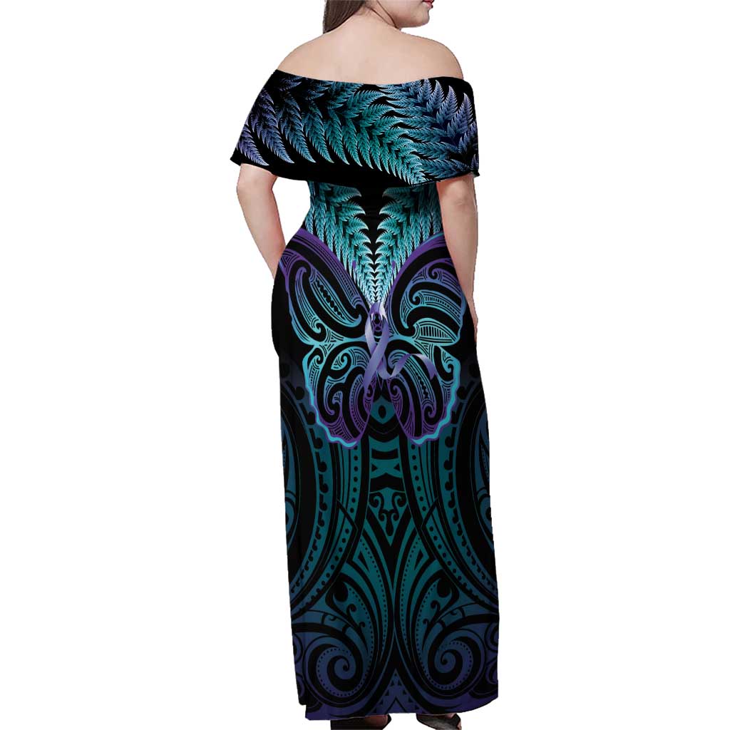Suicide Prevention New Zealand Family Matching Off Shoulder Maxi Dress and Hawaiian Shirt Aotearoa Maori Butterfly Mix Silver Fern LT14 - Polynesian Pride