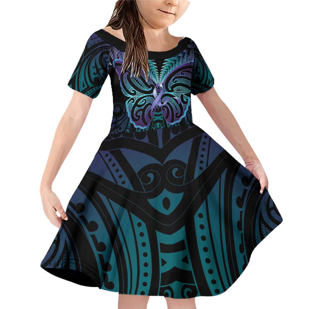 Suicide Prevention New Zealand Family Matching Off Shoulder Short Dress and Hawaiian Shirt Aotearoa Maori Butterfly Mix Silver Fern LT14 Daughter's Dress Black - Polynesian Pride