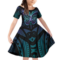 Suicide Prevention New Zealand Family Matching Off Shoulder Short Dress and Hawaiian Shirt Aotearoa Maori Butterfly Mix Silver Fern LT14 Daughter's Dress Black - Polynesian Pride