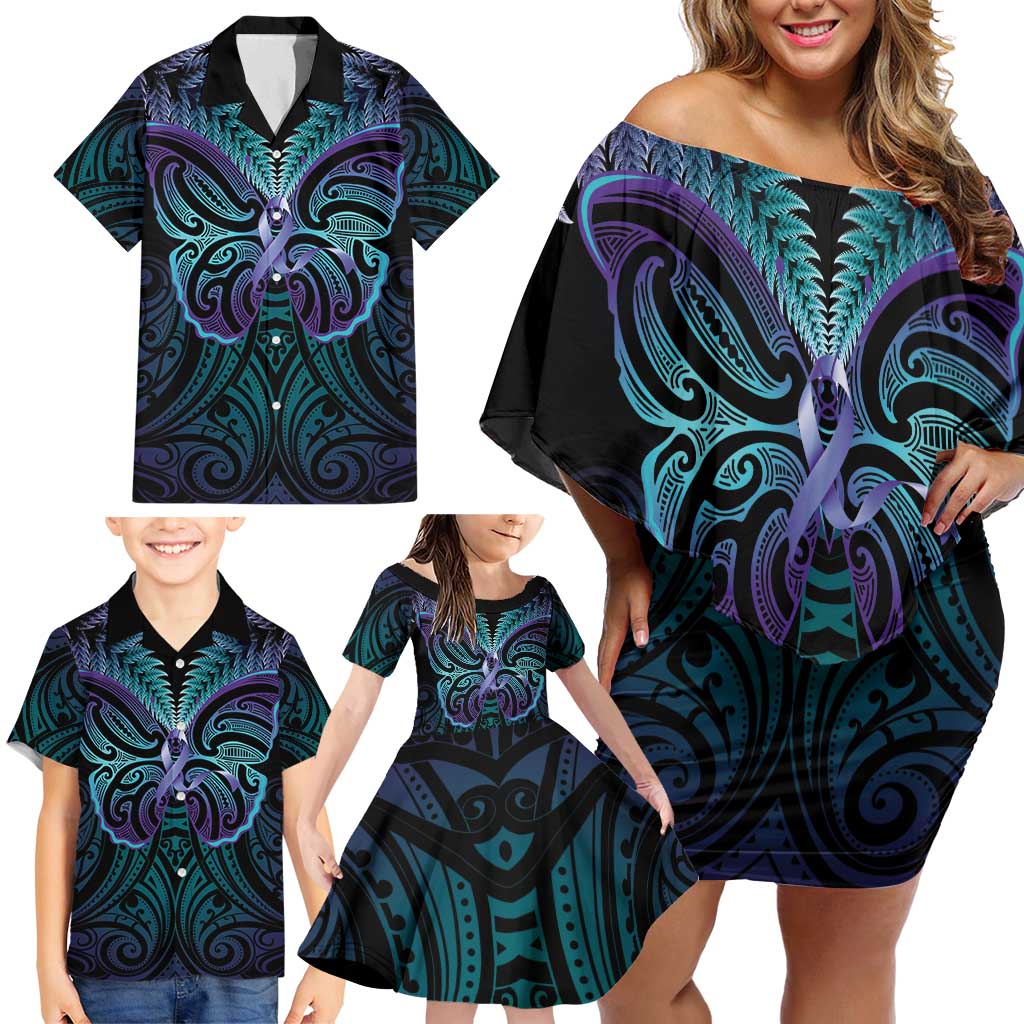 Suicide Prevention New Zealand Family Matching Off Shoulder Short Dress and Hawaiian Shirt Aotearoa Maori Butterfly Mix Silver Fern LT14 - Polynesian Pride