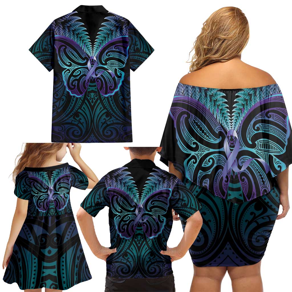 Suicide Prevention New Zealand Family Matching Off Shoulder Short Dress and Hawaiian Shirt Aotearoa Maori Butterfly Mix Silver Fern LT14 - Polynesian Pride