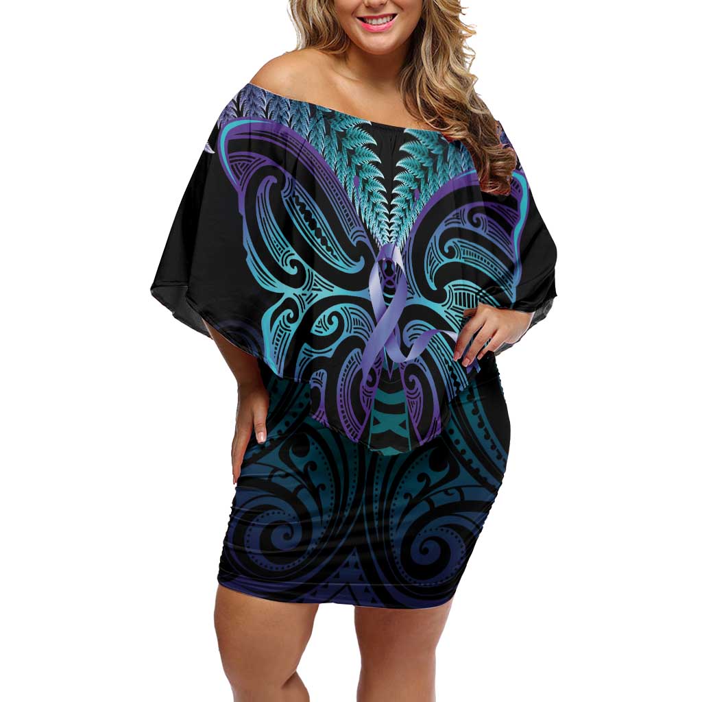 Suicide Prevention New Zealand Family Matching Off Shoulder Short Dress and Hawaiian Shirt Aotearoa Maori Butterfly Mix Silver Fern LT14 Mom's Dress Black - Polynesian Pride