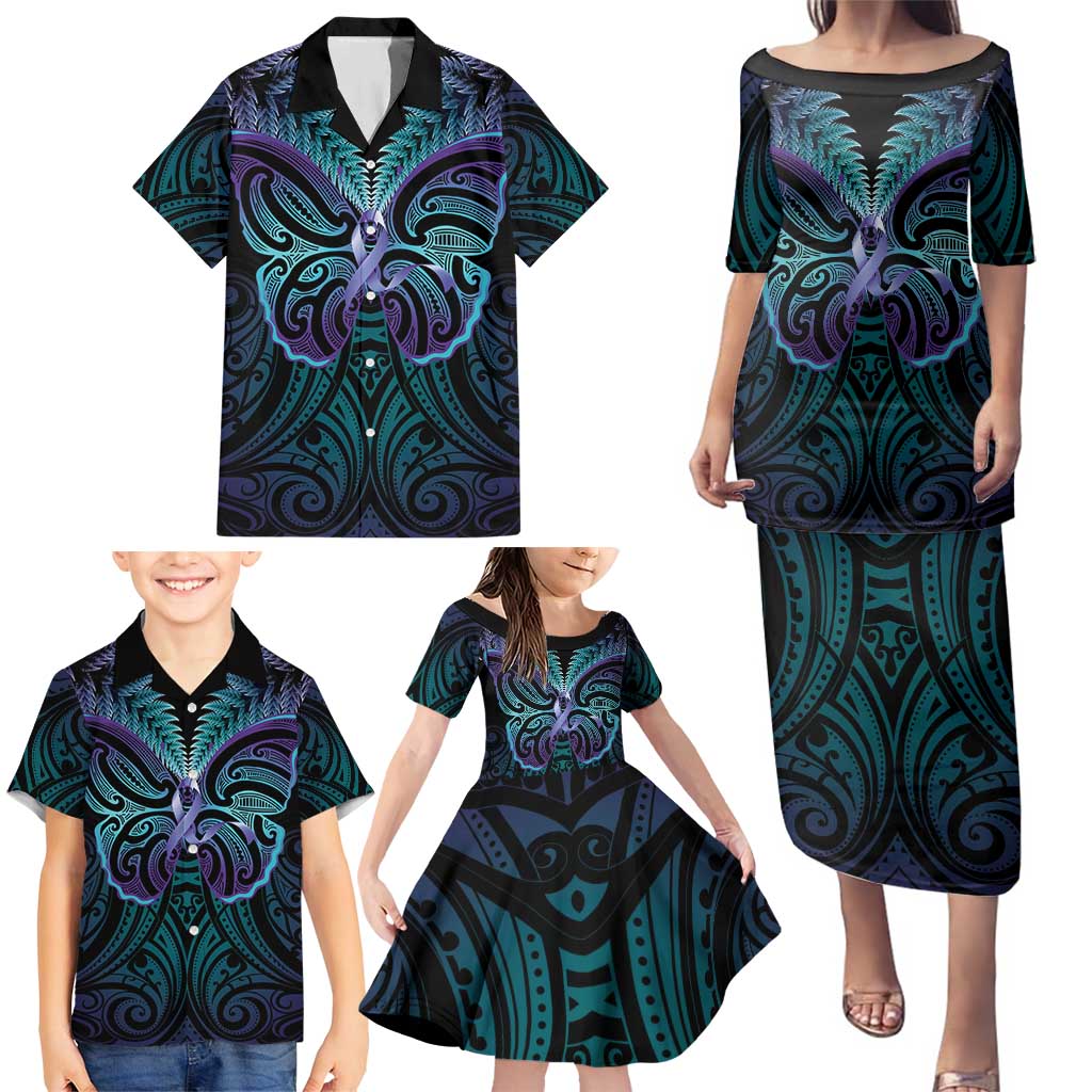 Suicide Prevention New Zealand Family Matching Puletasi and Hawaiian Shirt Aotearoa Maori Butterfly Mix Silver Fern LT14 - Polynesian Pride