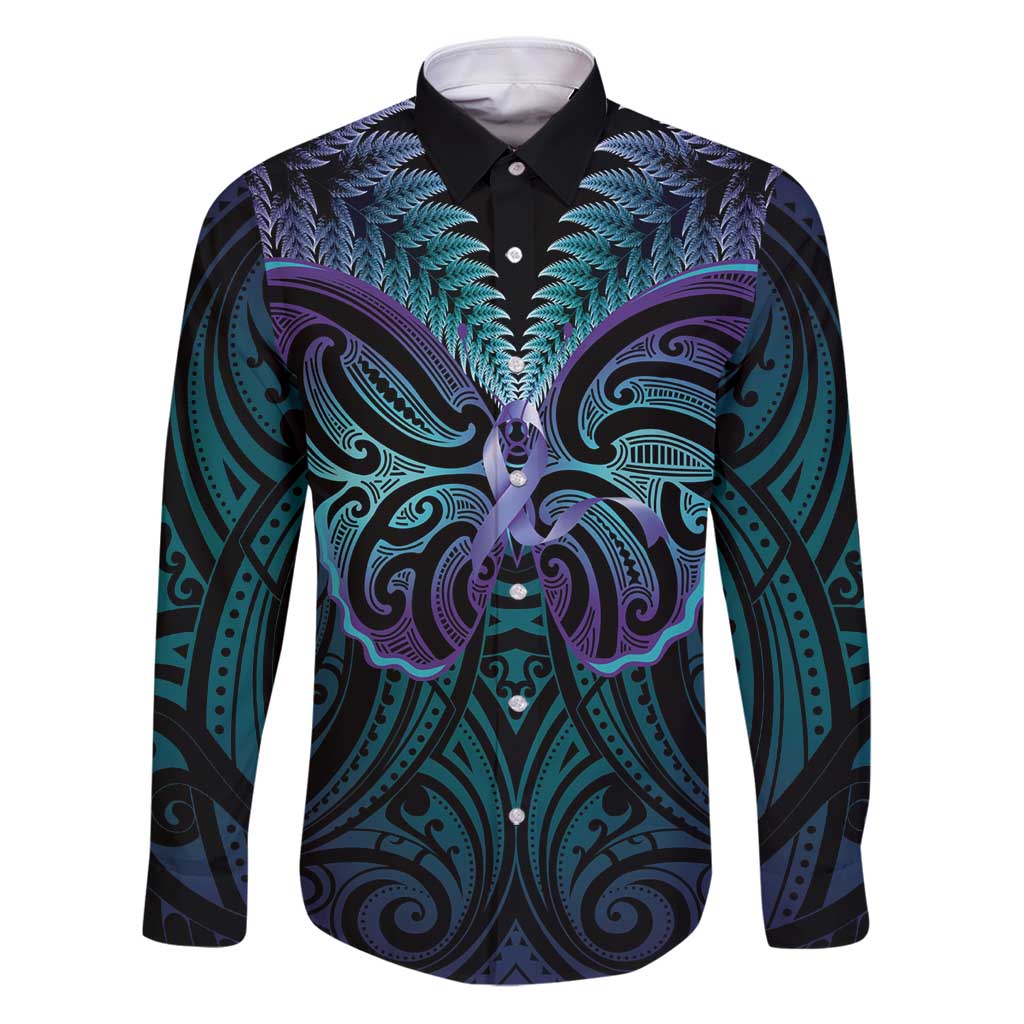 Suicide Prevention New Zealand Family Matching Puletasi and Hawaiian Shirt Aotearoa Maori Butterfly Mix Silver Fern LT14 Dad's Shirt - Long Sleeve Black - Polynesian Pride