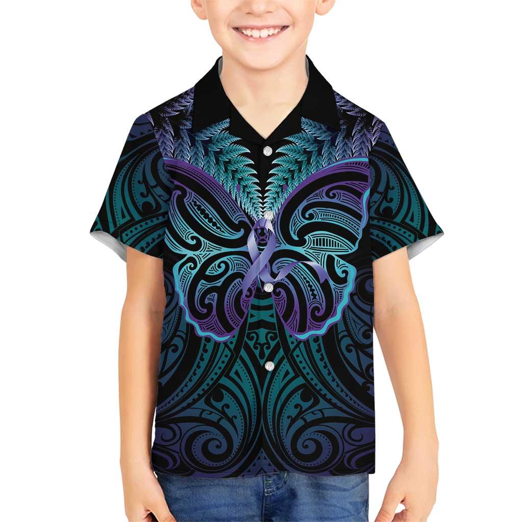 Suicide Prevention New Zealand Family Matching Puletasi and Hawaiian Shirt Aotearoa Maori Butterfly Mix Silver Fern LT14 Son's Shirt Black - Polynesian Pride