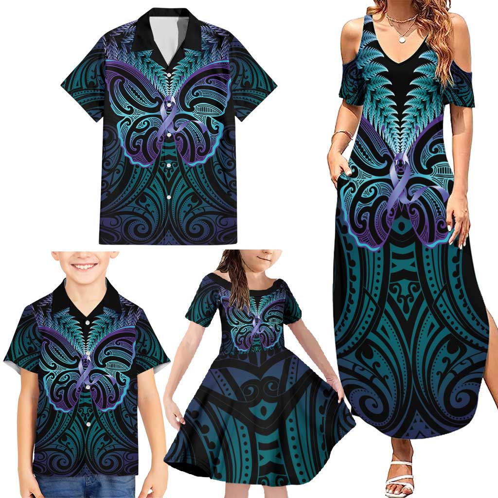Suicide Prevention New Zealand Family Matching Summer Maxi Dress and Hawaiian Shirt Aotearoa Maori Butterfly Mix Silver Fern LT14 - Polynesian Pride