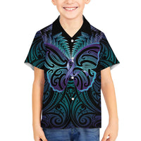 Suicide Prevention New Zealand Family Matching Summer Maxi Dress and Hawaiian Shirt Aotearoa Maori Butterfly Mix Silver Fern LT14 Son's Shirt Black - Polynesian Pride