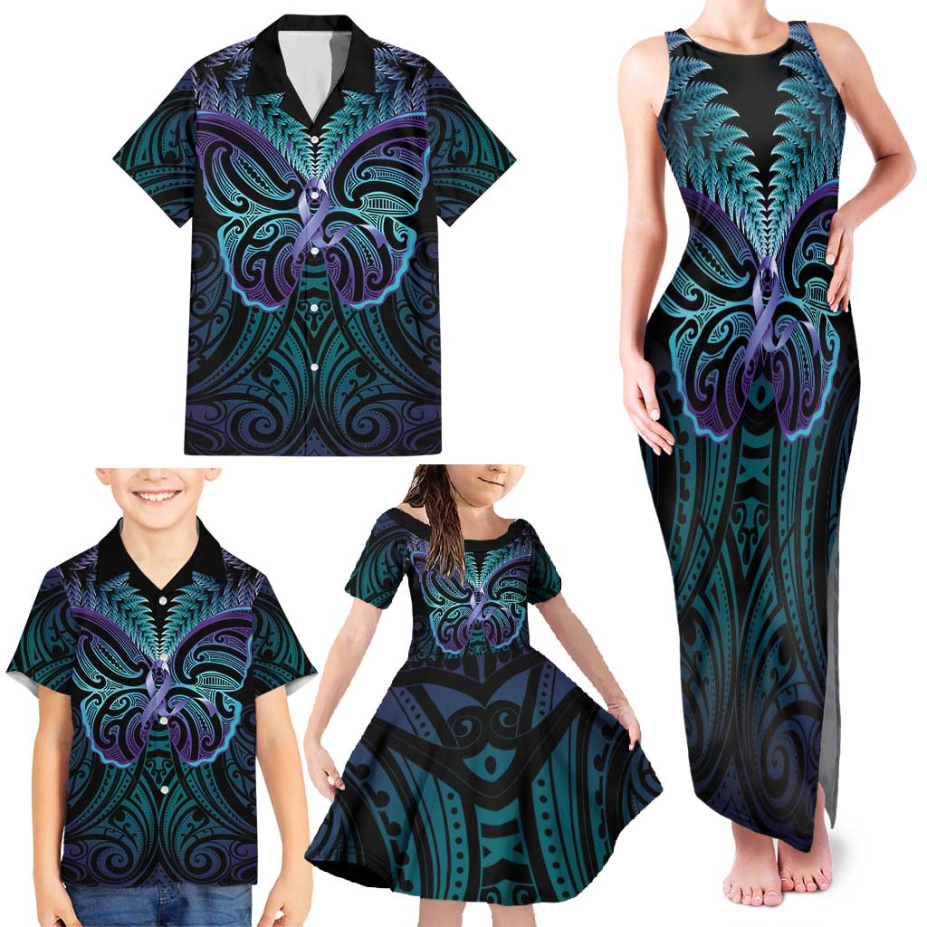 Suicide Prevention New Zealand Family Matching Tank Maxi Dress and Hawaiian Shirt Aotearoa Maori Butterfly Mix Silver Fern LT14 - Polynesian Pride