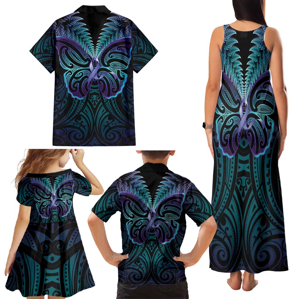 Suicide Prevention New Zealand Family Matching Tank Maxi Dress and Hawaiian Shirt Aotearoa Maori Butterfly Mix Silver Fern LT14 - Polynesian Pride