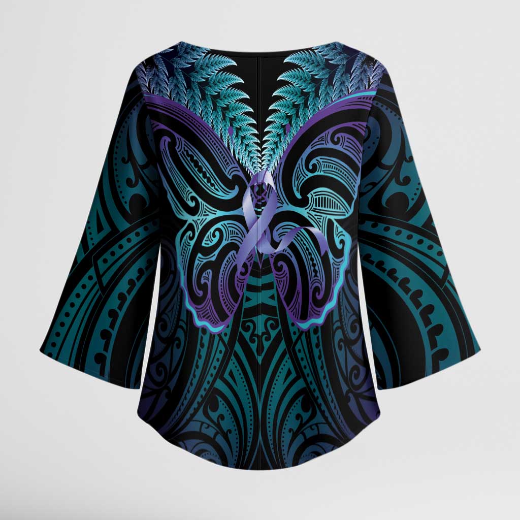 Suicide Prevention New Zealand Kimono Sleeve Blouse Aotearoa Maori Butterfly Mix Silver Fern - Polynesian Pride