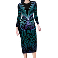 Suicide Prevention New Zealand Long Sleeve Bodycon Dress Aotearoa Maori Butterfly Mix Silver Fern LT14 Long Dress Black - Polynesian Pride