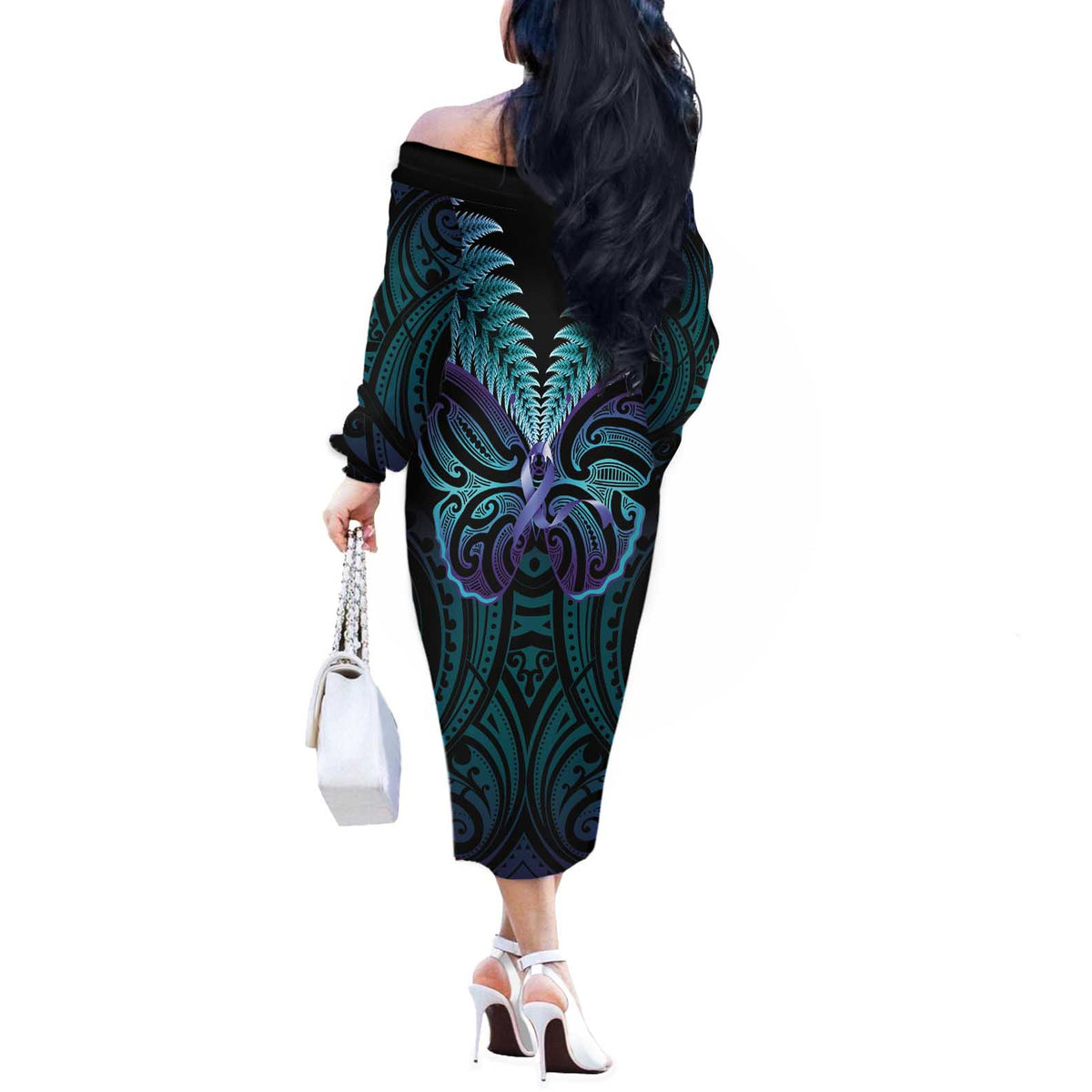 Suicide Prevention New Zealand Off The Shoulder Long Sleeve Dress Aotearoa Maori Butterfly Mix Silver Fern LT14 - Polynesian Pride