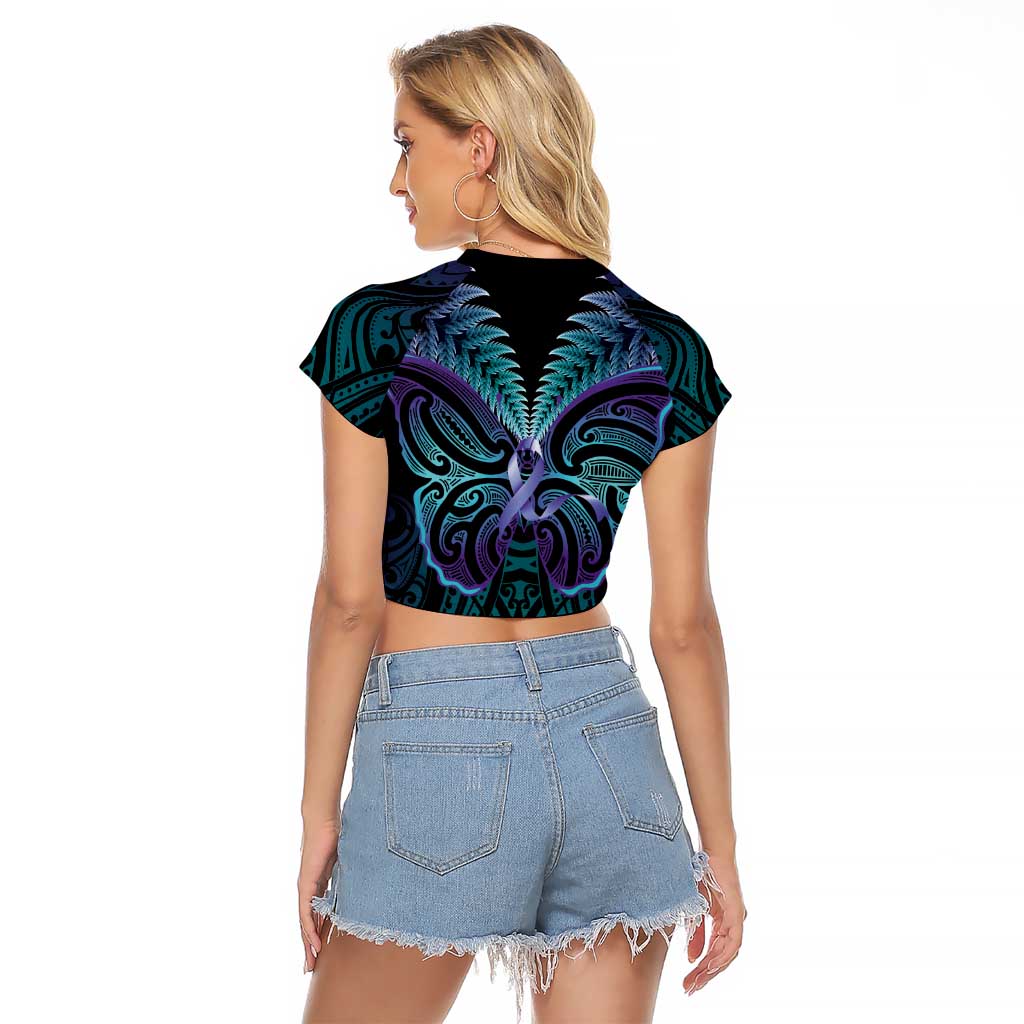 Suicide Prevention New Zealand Raglan Cropped T Shirt Aotearoa Maori Butterfly Mix Silver Fern - Polynesian Pride