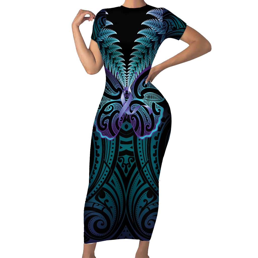 Suicide Prevention New Zealand Short Sleeve Bodycon Dress Aotearoa Maori Butterfly Mix Silver Fern LT14 Long Dress Black - Polynesian Pride