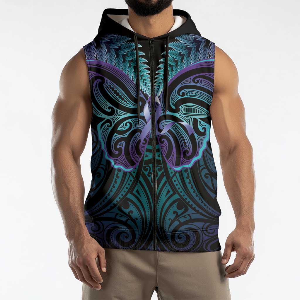 Suicide Prevention New Zealand Sleeveless Zip Hoodie Aotearoa Maori Butterfly Mix Silver Fern - Polynesian Pride