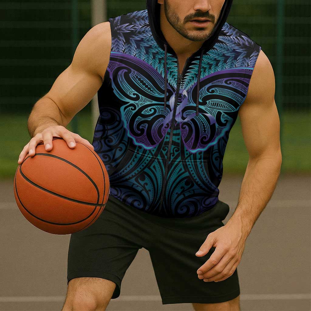 Suicide Prevention New Zealand Sleeveless Zip Hoodie Aotearoa Maori Butterfly Mix Silver Fern - Polynesian Pride