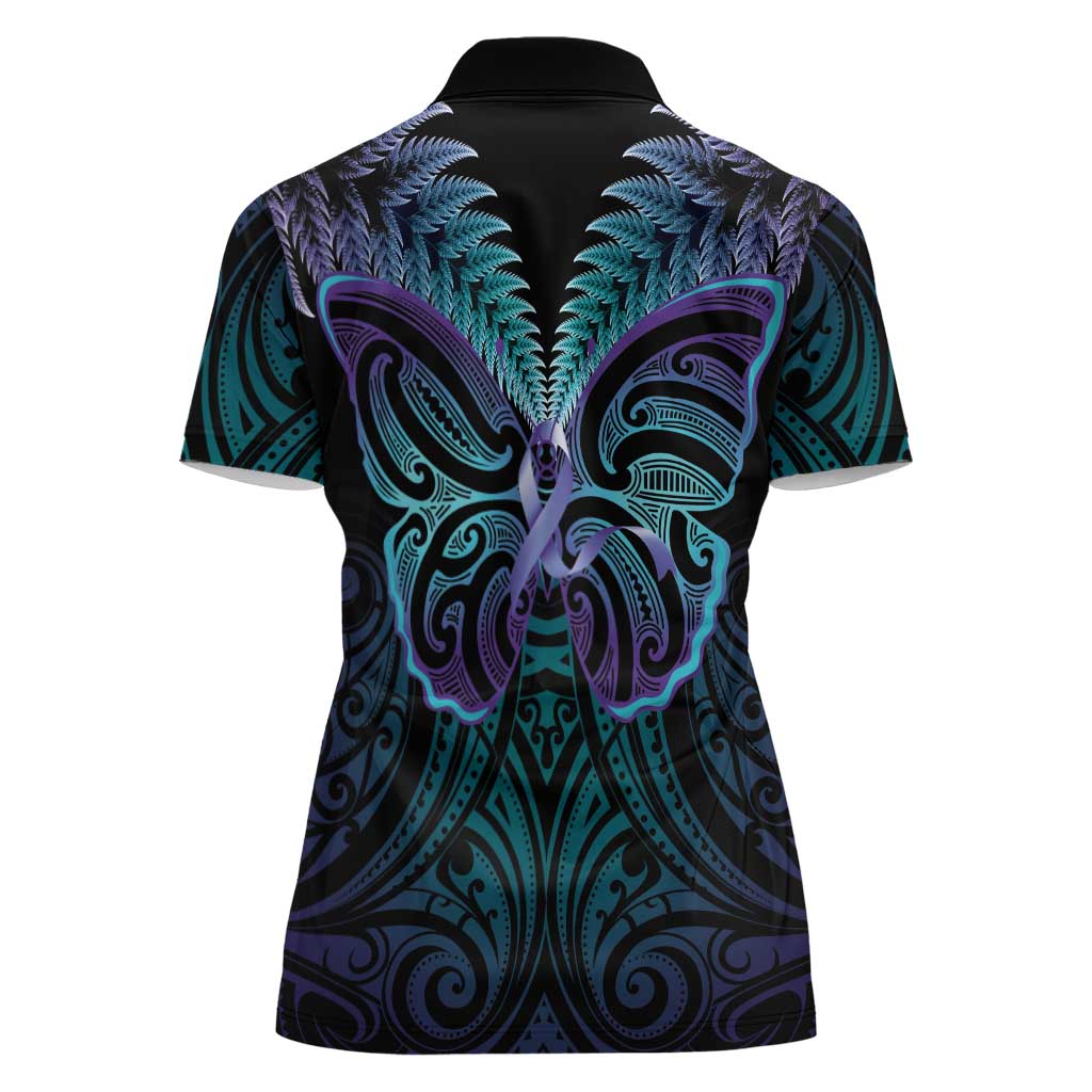 Suicide Prevention New Zealand Women Polo Shirt Aotearoa Maori Butterfly Mix Silver Fern LT14 - Polynesian Pride