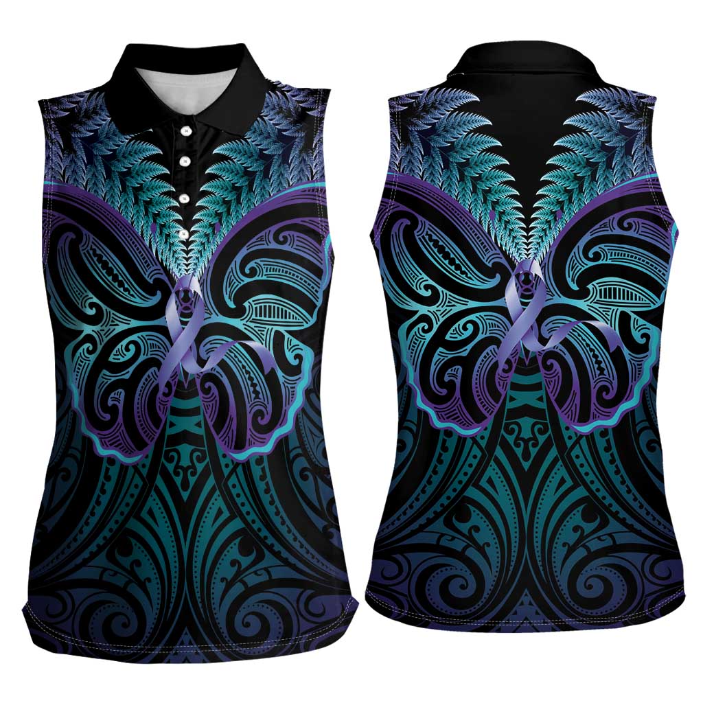 Suicide Prevention New Zealand Women Sleeveless Polo Shirt Aotearoa Maori Butterfly Mix Silver Fern LT14 - Polynesian Pride