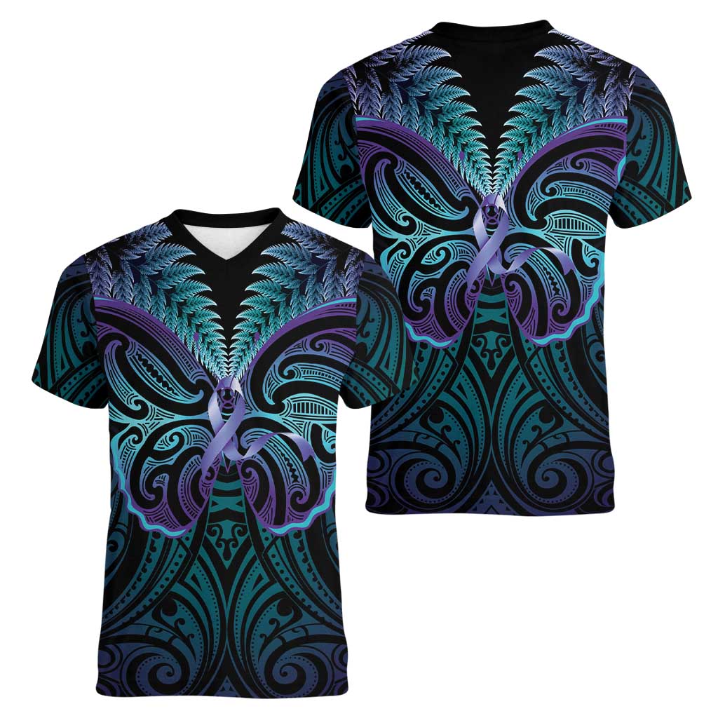 Suicide Prevention New Zealand Women V-Neck T-Shirt Aotearoa Maori Butterfly Mix Silver Fern LT14 - Polynesian Pride