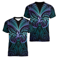 Suicide Prevention New Zealand Women V-Neck T-Shirt Aotearoa Maori Butterfly Mix Silver Fern LT14 - Polynesian Pride