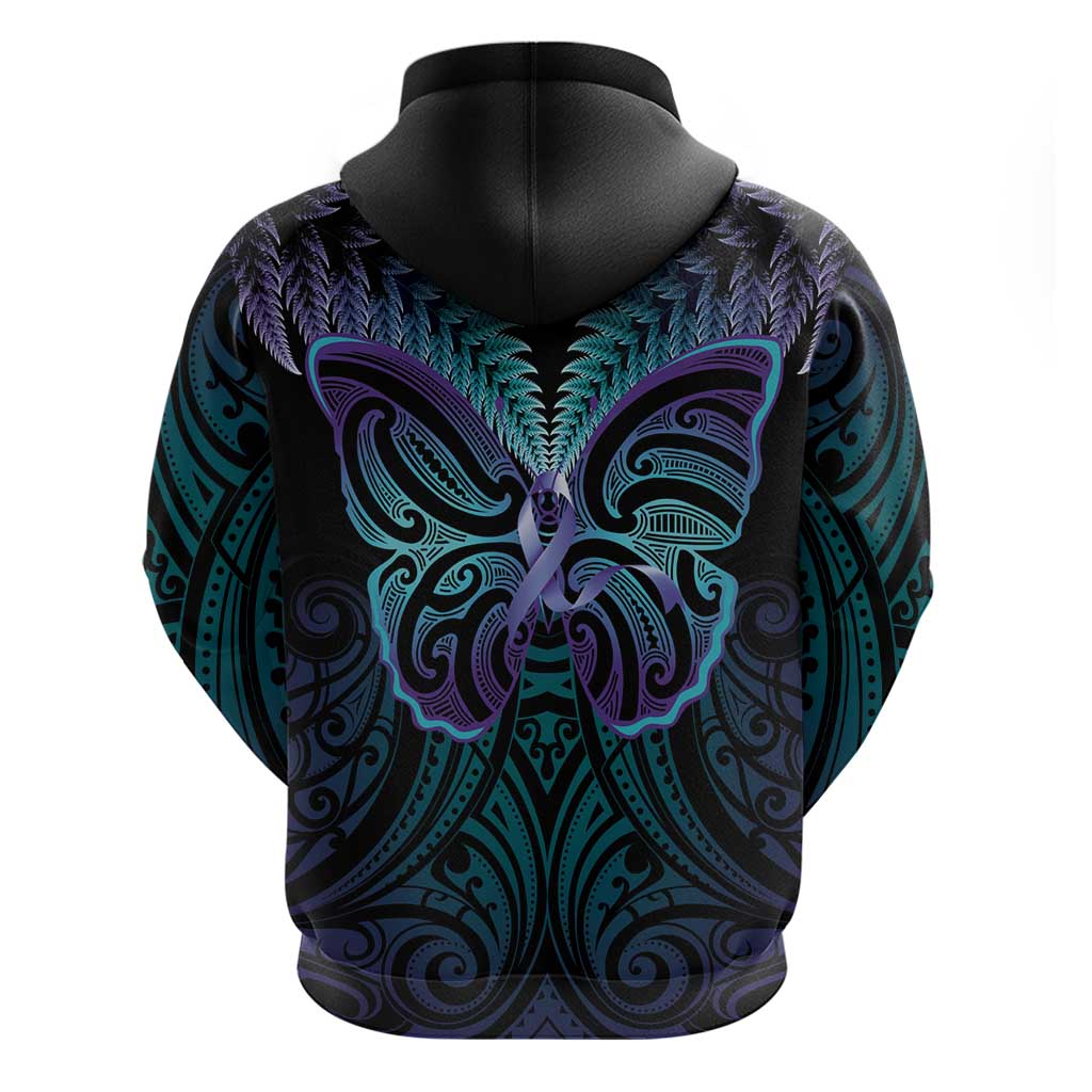 Suicide Prevention New Zealand Zip Hoodie Aotearoa Maori Butterfly Mix Silver Fern - Polynesian Pride