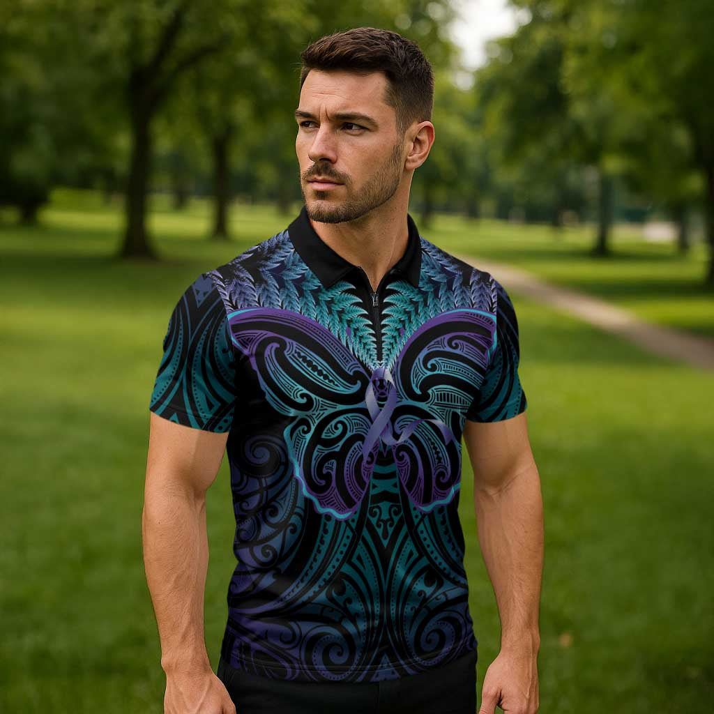Suicide Prevention New Zealand Zipper Polo Shirt Aotearoa Maori Butterfly Mix Silver Fern - Polynesian Pride